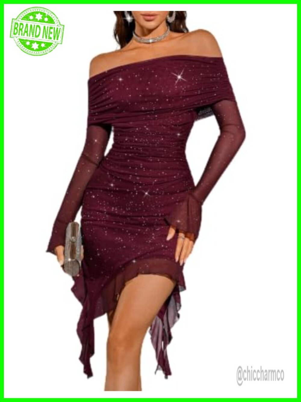 Off Shoulder Sequin Ruched Bodycon Cocktail Dress